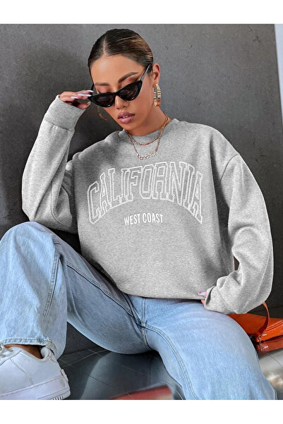 Revasser Unisex Kadın/Erkek Calıfornia Özel Seri Oversize Bisiklet Yaka Pamuklu Sweatshirt