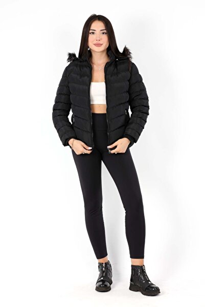 Genel Markalar Kadın Siyah Suni Kürk Peluşlu Çıkarılabilir Kapüşonlu İçi Asta...