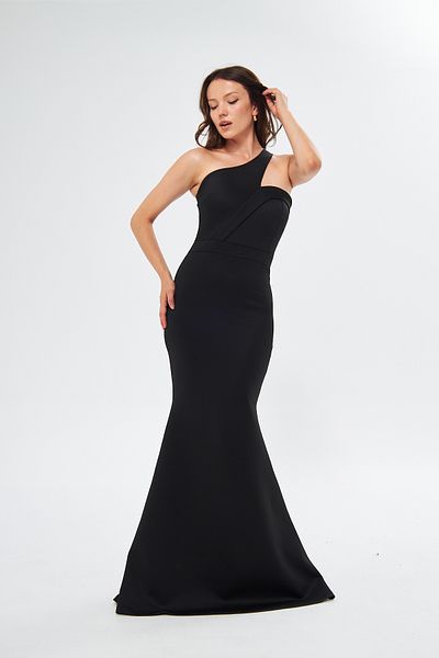 WOMAN VISION Negru Scuba Fabric Guler Asimetric Design Maxi Saks Blue Dress582211