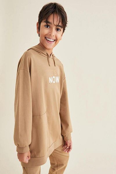 LC Waikiki Oversize Hooded Embroidered Long Sleeve Cotton Boys' Sweatshirt