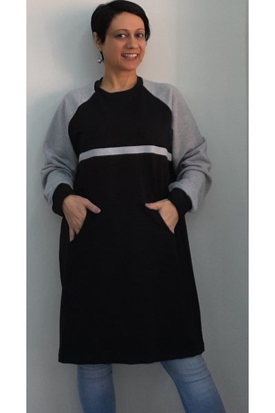 Mertcan Butik Black 2 thread raised winter gray color block and stripe raglan sleeve kangaroo pocket sweatshirt tunic
