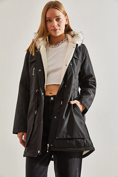 Bianco Lucci Γυναικείο παλτό με κουκούλα με γούνα