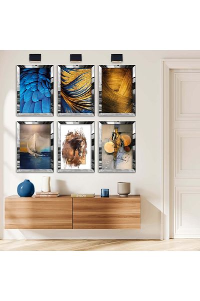 Zevahir Mobilya Dekorasyon Set de pictură MDF cu șase subteme albastre de desen modern cu cadru din plexiglas cu oglindă argintie