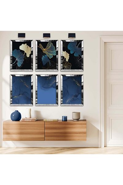Zevahir Mobilya Dekorasyon Set de picturi din MDF cu șase teme cu flori albastre și abstracte cu cadru din plexiglas cu oglindă argintie