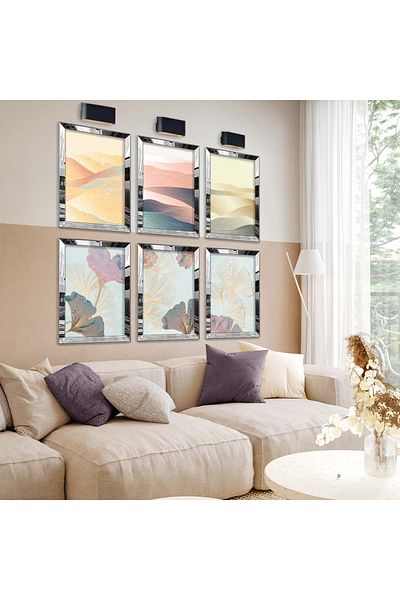 Zevahir Mobilya Dekorasyon Set de pictură MDF cu șase subteme naturale cu cadru din plexiglas cu oglindă argintie