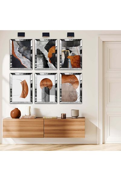 Zevahir Mobilya Dekorasyon Set de pictură MDF cu șase piese cu desen abstract și model geometric cu cadru din plexiglas cu oglindă argintie