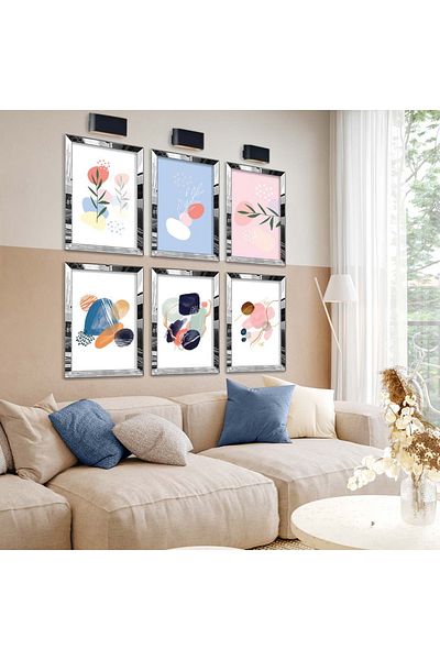 Zevahir Mobilya Dekorasyon Set de pictură din MDF cu șase modele de plante cu desen abstract cu cadru din plexiglas cu oglindă argintie