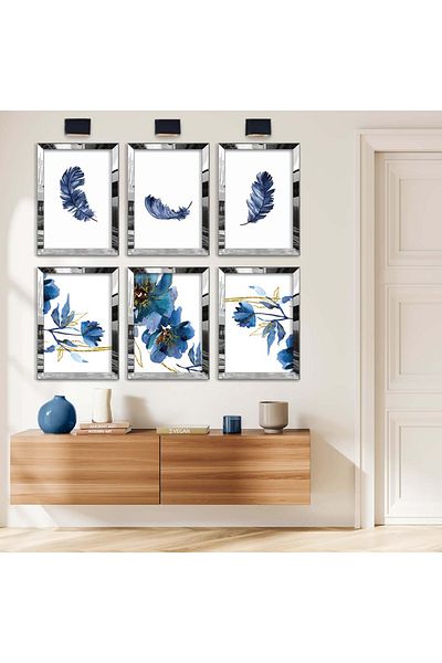 Zevahir Mobilya Dekorasyon TEMA ALBASTRA PĂSĂRI ȘI FLORI DESEN MODERN ȘI MODEL DE FLORI SET DE 6 MASA MDF CU BORDURI PLEXY