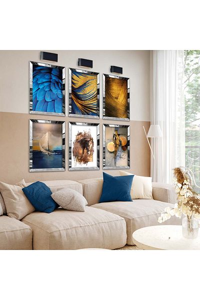 Zevahir Mobilya Dekorasyon Set de pictură MDF cu șase subteme albastre de desen modern cu cadru din plexiglas cu oglindă argintie