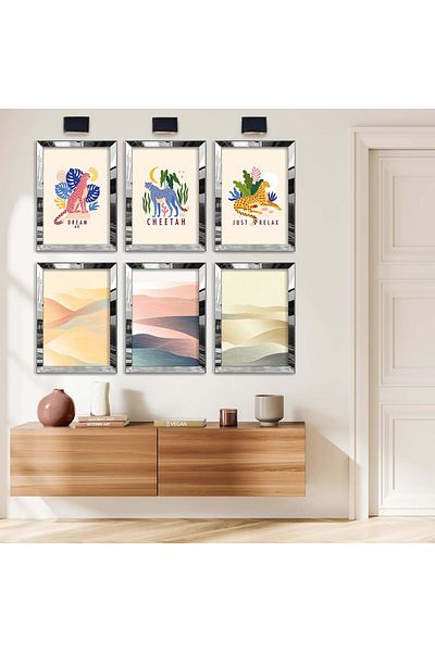 Zevahir Mobilya Dekorasyon Set de pictură din MDF cu șase figuri de animale cu cadru din plexiglas cu oglindă argintie