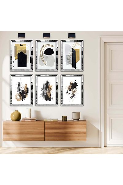 Zevahir Mobilya Dekorasyon Set de pictură MDF cu șase teme moderne și abstracte cu cadru din plexiglas cu oglindă argintie