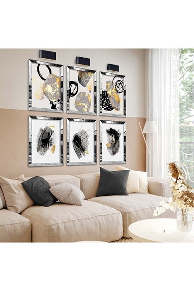 Zevahir Mobilya Dekorasyon Set de pictură MDF cu șase teme moderne, cu cadru din plexiglas cu oglindă argintie
