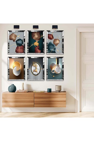 Zevahir Mobilya Dekorasyon Set de pictură MDF cu șase teme moderne și desen geometric cu cadru din plexiglas cu oglindă argintie