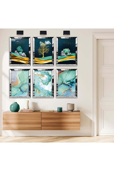 Zevahir Mobilya Dekorasyon Set de pictură MDF cu șase teme turcoaz, colaj, desen, natură, cu cadru din plexiglas cu oglindă argintie