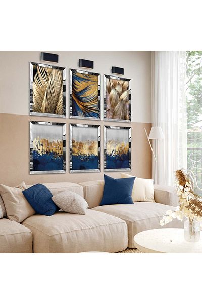 Zevahir Mobilya Dekorasyon Set de pictură din MDF cu cadru din plexiglas cu oglindă argintie, desen de colaj și model auriu
