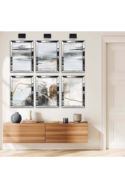 Zevahir Mobilya Dekorasyon Set de pictură MDF cu cadru din plexiglas cu oglindă argintie, desen gri abstract, model auriu, șase