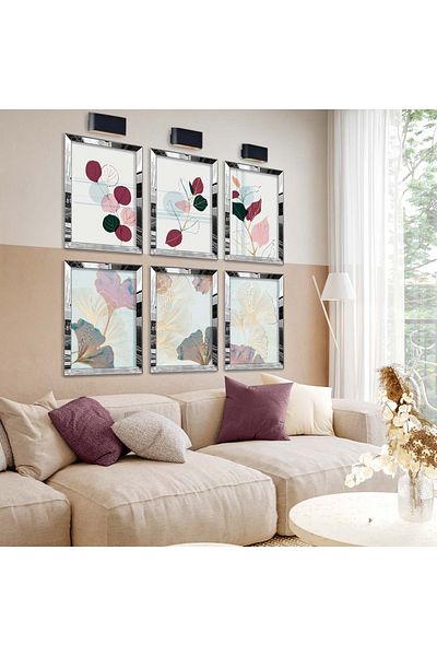 Zevahir Mobilya Dekorasyon Set de masă MDF cu model natural cu șase flori cu cadru din plexiglas cu oglindă argintie