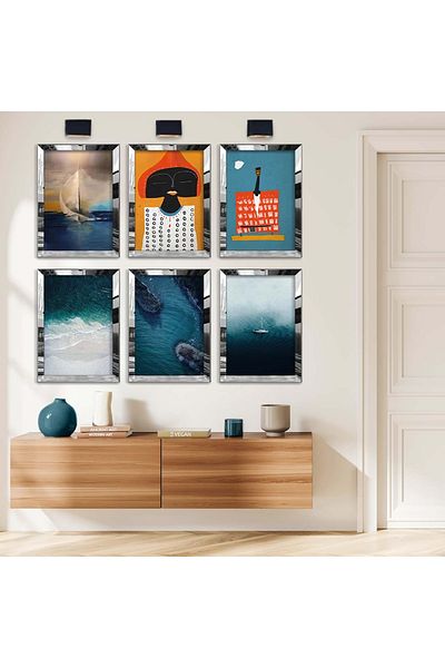 Zevahir Mobilya Dekorasyon Set de pictură MDF cu șase teme natură și peisaj cu cadru din plexiglas cu oglindă argintie