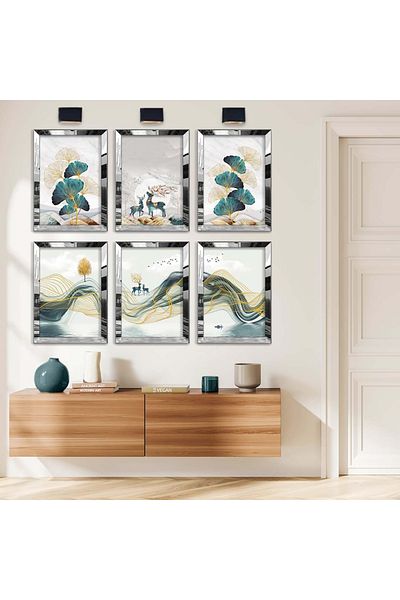 Zevahir Mobilya Dekorasyon Set de pictură MDF cu șase teme natură, cu cadru din plexiglas cu oglindă argintie