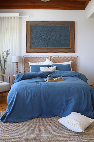 vivamaison Çift Kişilik 2 Kat Müslin Nevresim Takımı, % 100 Pamuk Soft Kumaş 200x220 cm İndigo