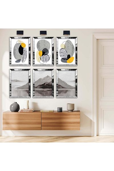 Zevahir Mobilya Dekorasyon Set de pictură MDF cu șase cadru din plexiglas cu oglindă argintie, desen modern și tema munte