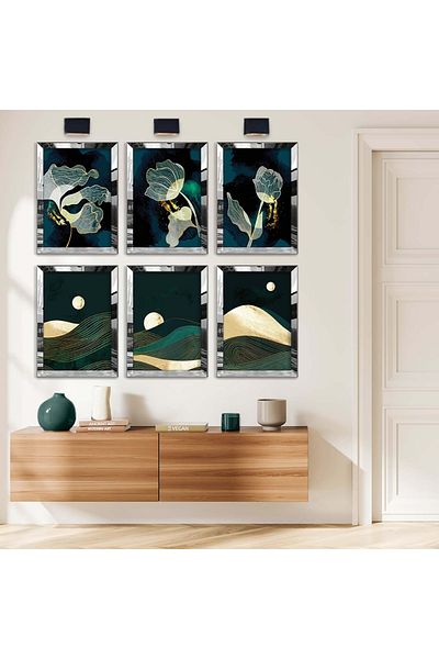 Zevahir Mobilya Dekorasyon Set de pictură MDF cu cadru din plexiglas cu oglindă argintie, desen de colaj și model de flori