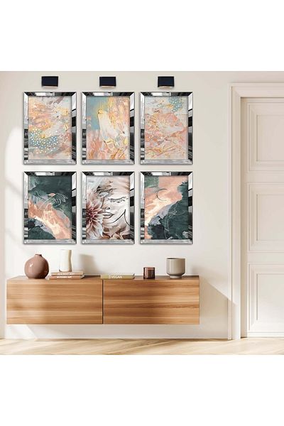 Zevahir Mobilya Dekorasyon Set de pictură MDF cu șase desene moderne cu temă abstractă cu cadru din plexiglas cu oglindă argintie