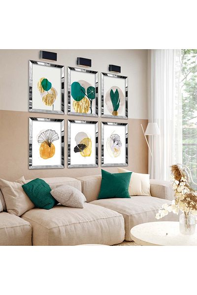 Zevahir Mobilya Dekorasyon Set de pictură MDF cu șase subteme de flori pentru desen de colaj cu cadru din plexiglas cu oglindă argintie