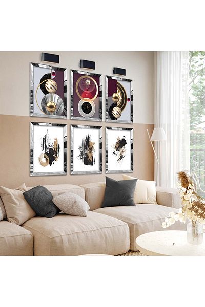 Zevahir Mobilya Dekorasyon Set de pictură MDF cu cadru din plexiglas cu oglindă argintie, desen geometric și șase teme moderne