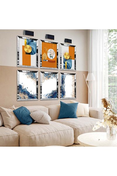 Zevahir Mobilya Dekorasyon Set de pictură MDF cu șase subiecte cu tema abstractă, cu cadru din plexiglas cu oglindă argintie