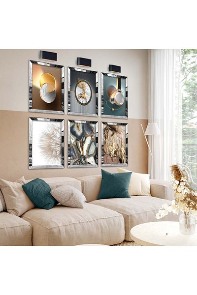 Zevahir Mobilya Dekorasyon Set de pictură MDF cu șase desene moderne cu cadru din plexiglas cu oglindă argintie