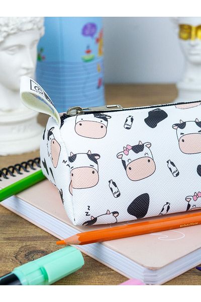 OneSize Pencil Case Cute Cows Triangle Design Vegan Leather (Pencil Holder and Makeup Bag)