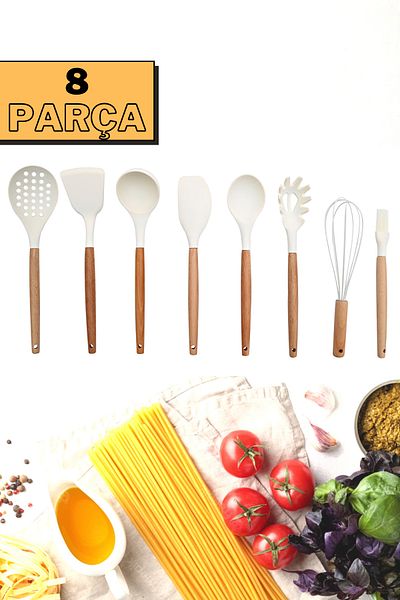 ÖzSa Home 8 Piece Silicone Ladle Colander Spoon Brush Beater Bamboo Handle Kitchen Serving Set Set