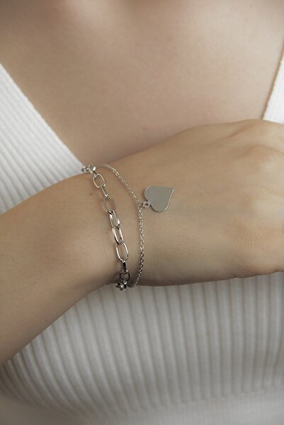 takıtarzım سوار نسائي فضي مكون من قطعتين على شكل قلب