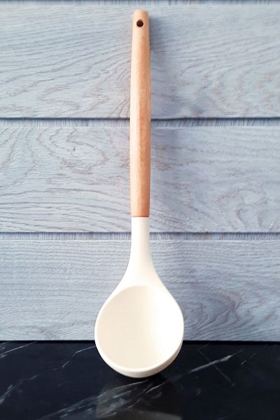ÖzSa Home 10 Piece Silicone Ladle Colander Spoon Beater Potato Masher Bamboo Handle Kitchen Serving Set Set