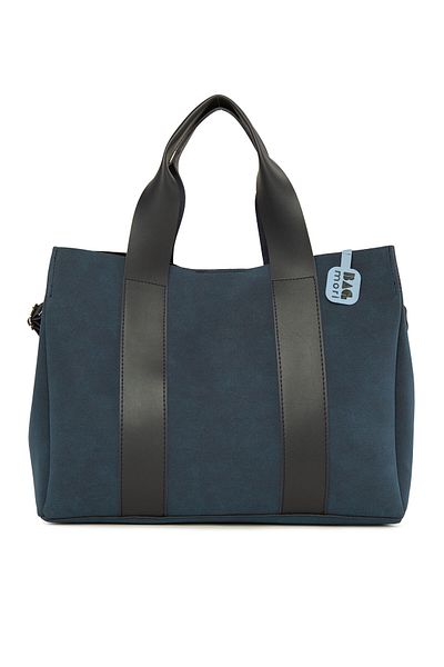 Bagmori Navy Blue Women's Double Leather Stripe Large Nubuck Tote Bag M000008158