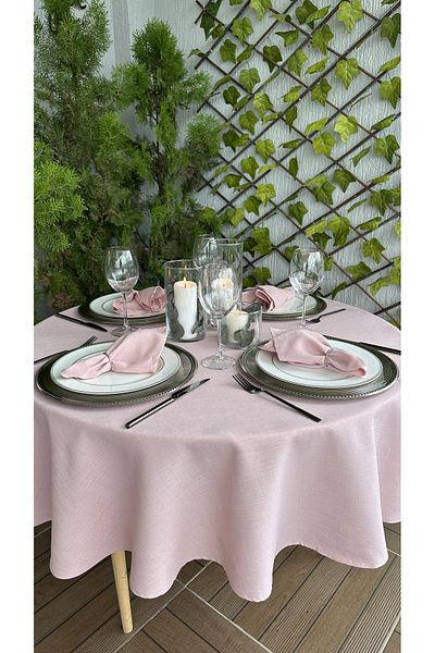 Decamor home Față de masă rotundă roz pudrat texturată din in