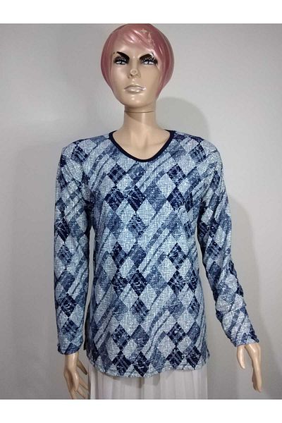 YAŞAR TRİKO Bluză tricou din bumbac pieptănat pentru femei, albastru bleumarin, cu decolteu în V, cu mâneci lungi, cu fante laterale