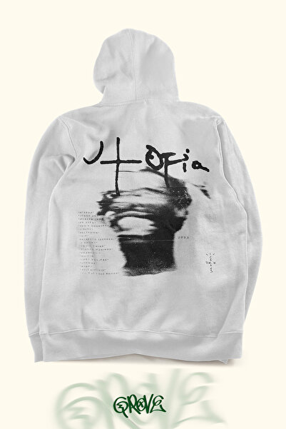 Grove Fashion سويت شيرت بقلنسوة بطبعة أمامية وخلفية للجنسين من ترافيس سكوت يوتوبيا