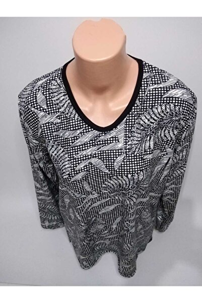 YAŞAR TRİKO Kadın Siyah Desenli V Yaka Uzun Kollu Yanları Yırtmaçlı Mevsimlik...