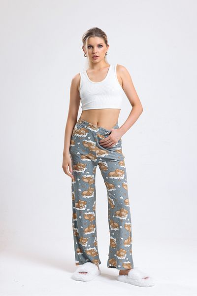 Babelook Women's High Waist Sleeping Bear Patterned Soft Fabric Pajama Bottoms