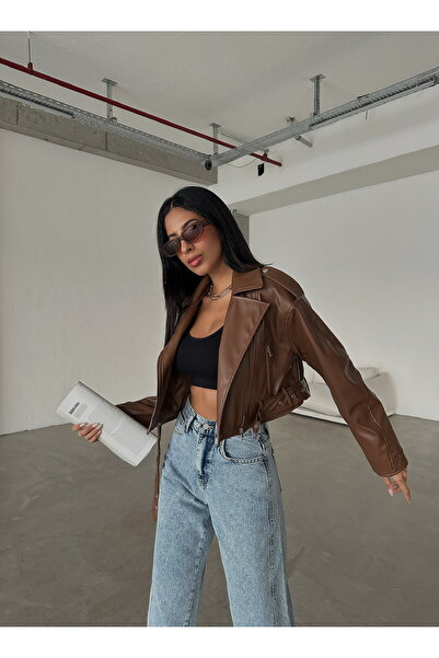 LB Laluna Butik Dámská motorkářská kožená bunda s páskem na zip