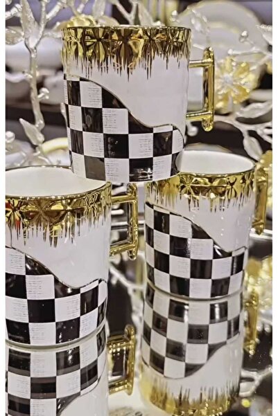 Melis Damalı Porselen Kupa Bardak Gold