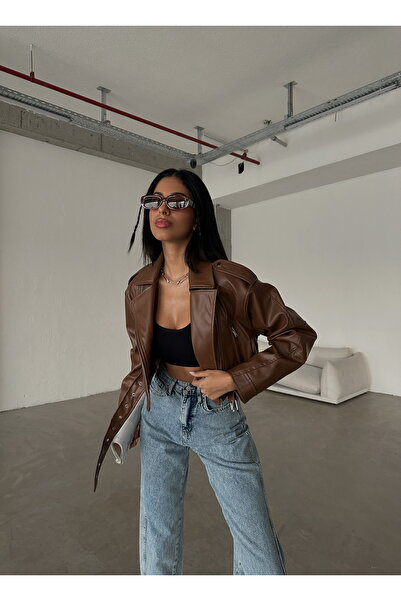 LB Laluna Butik Dámská motorkářská kožená bunda s páskem na zip