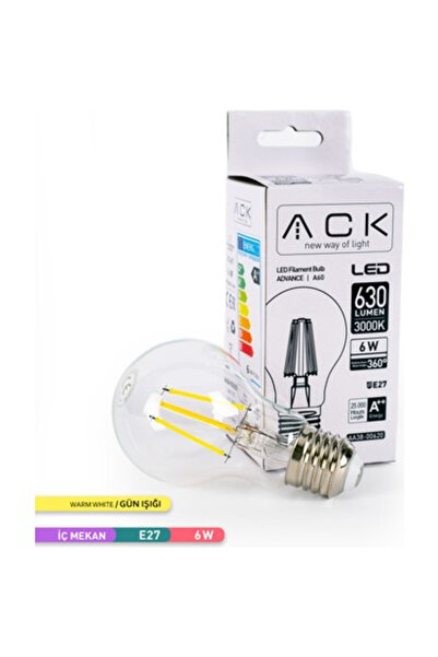 ACK Rustik Ampul 220vac 6w Şeffaf Cam 3.000k Gün Işığı E27 Aa38-00620