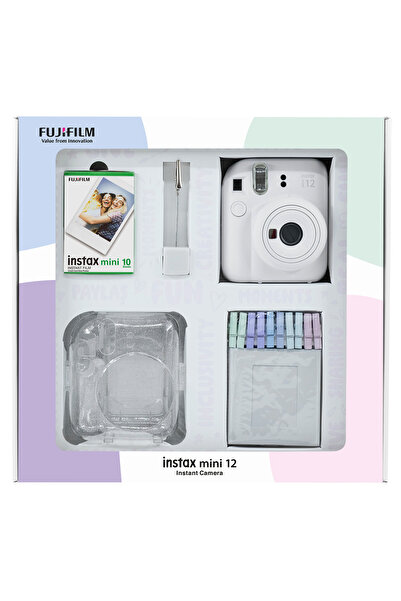 Fujifilm Instax mini 12 Beyaz Fotoğraf Makinesi 10'lu Film Simli Pleksi Kılıf Mandal ve Kıskaçlı Resim Standı