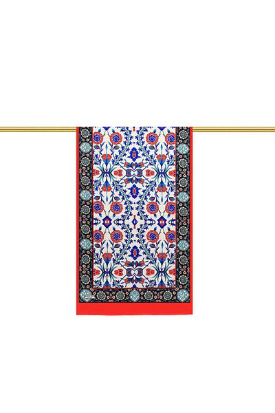 Bursa İpek Red Navy Blue Seljuk Pattern Silk Scarf