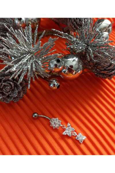 Simge Gümüş 925 Ayar Gümüş Zirkon Taşlı Göbek pircing Barkısmı 1.5 cm Taşlı E...