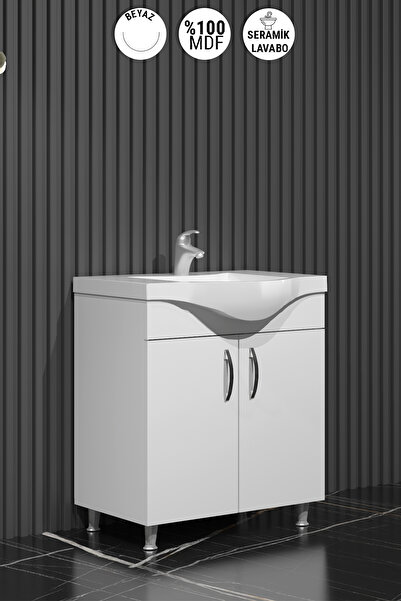 ÖZCEDEN Yıldız 75 cm Beyaz MDF Seramik Lavabolu Ayaklı Banyo Alt Dolabı
