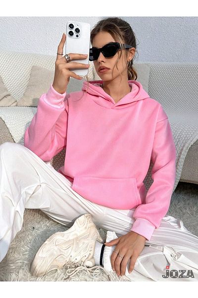 Joza Outdoors Unisex Γυναικεία Ανδρικά Φούτερ με 3 νήματα Basic Unprinted Pink Hooded Fleece